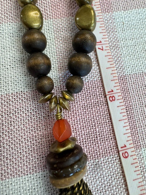 Chico’s Long Beaded Tassel Necklace Wood Gold Tone Boho Adjustable 36″