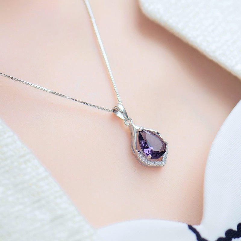 Women’s Amethyst Necklace Elegant Crystal Chain Pendant Jewellery Silver