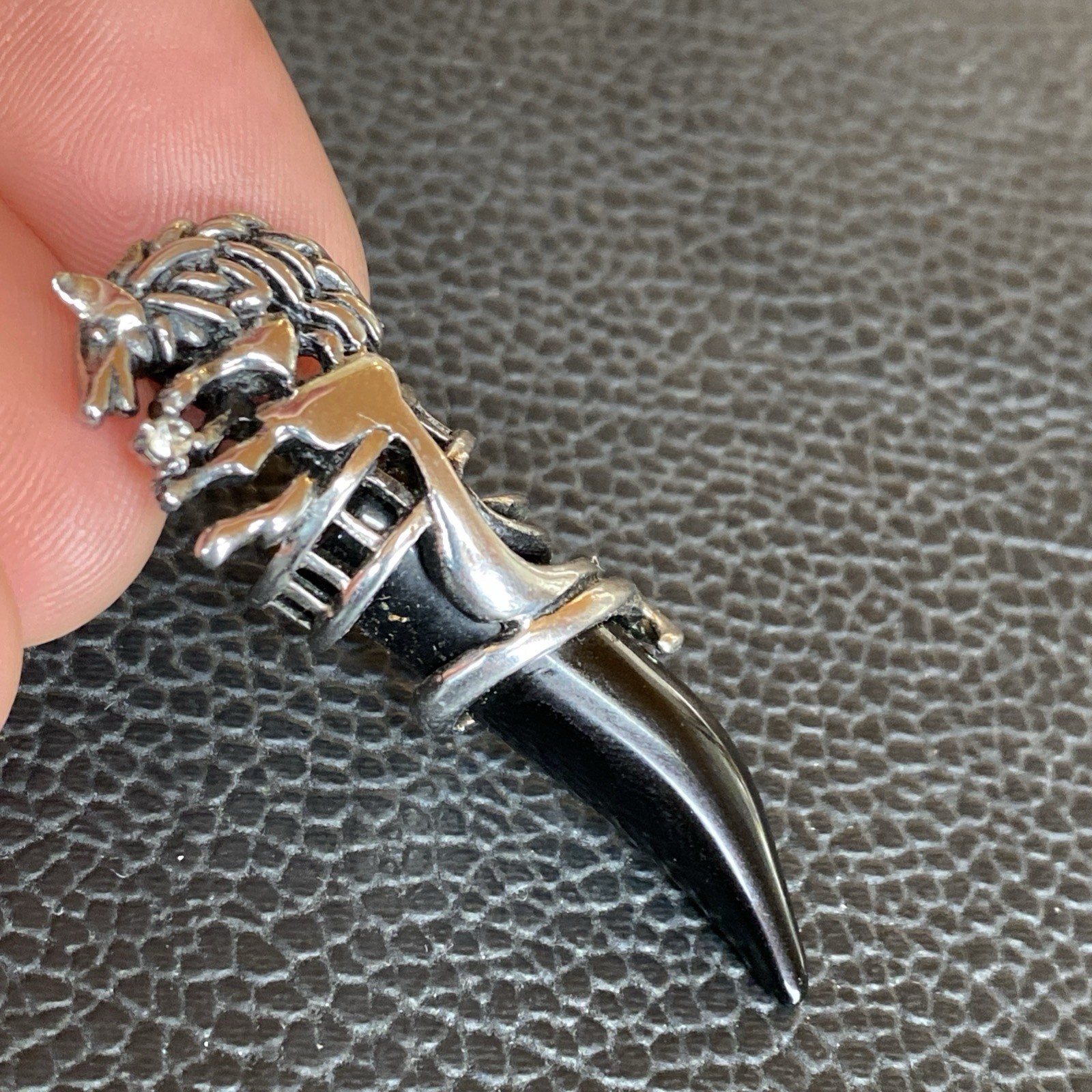 Wolf Head Tribal Pendant Shiny Silver Tone Simulated Faux Onyx Black Fang Tooth