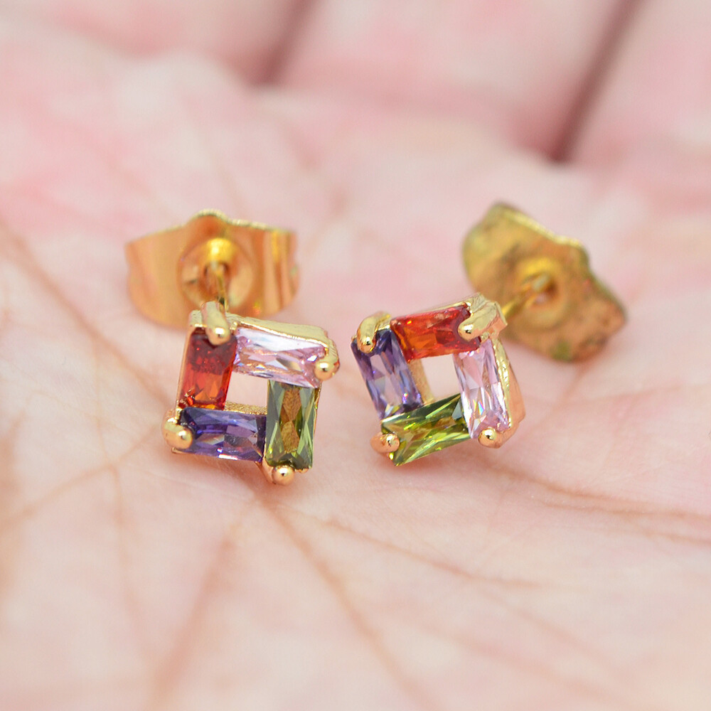 18K Yellow Gold Filled Women Multicolor Mystic Topaz Square Stud Earrings