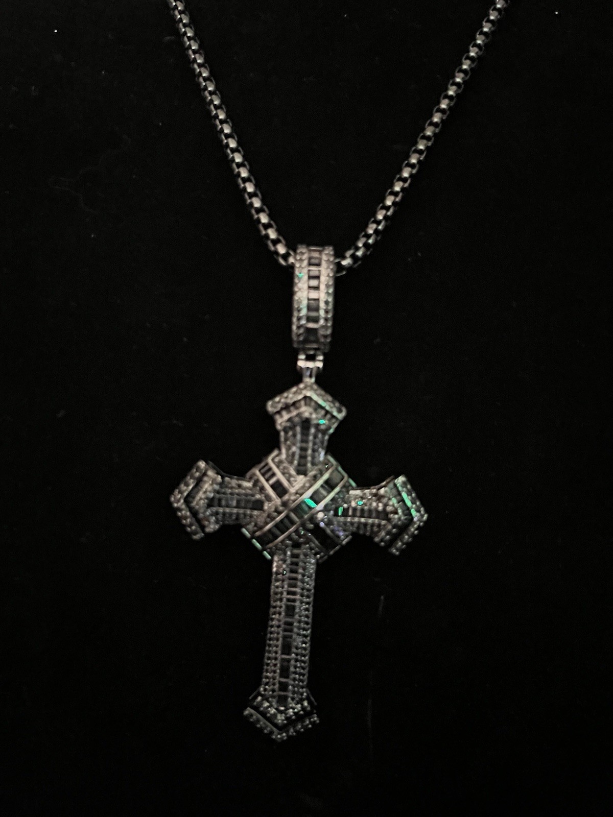 22” black plated bead chain with 5A cz cross pendant iced out