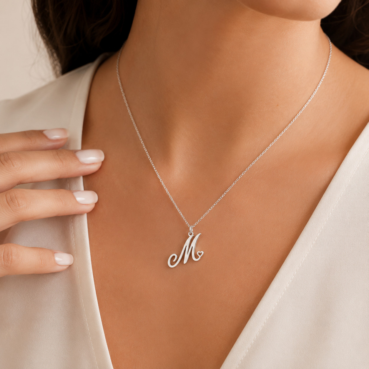 Personalized Initial Heart Necklace Custom Letter Pendant Gift for Women Silver