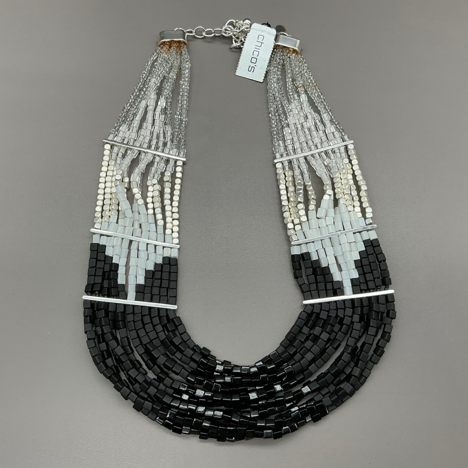 Chico’s Necklace Womens Black White Silver Beaded Multi Strand Statement 22 In