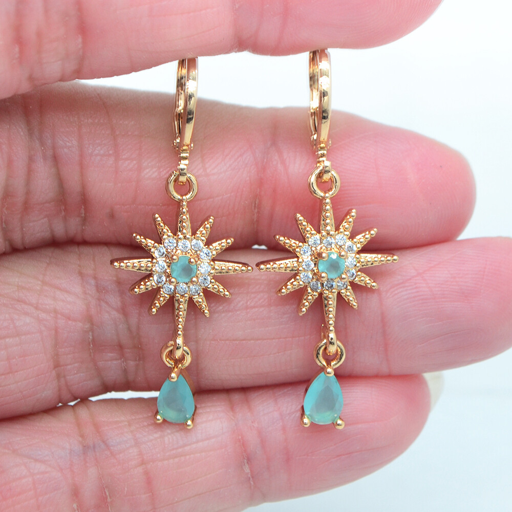 18K Yellow Gold Filled Women Fashion Lake Blue Topaz Star Dangle Earrings