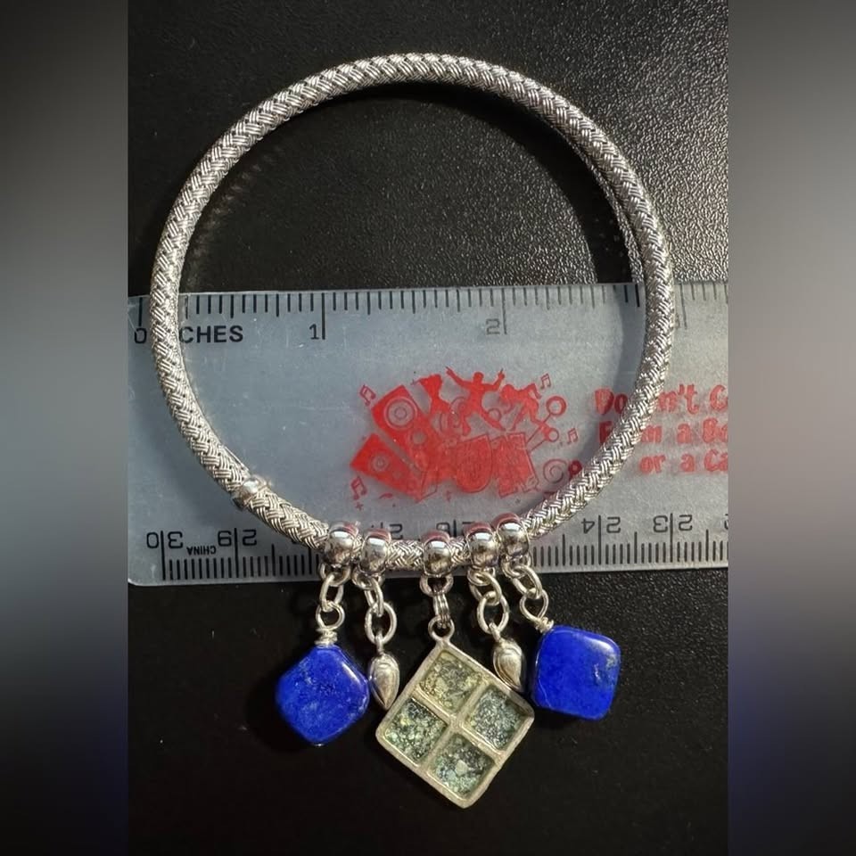 Ancient Roman Glass and Lapis Lazuli Silver Bangle Bracelet