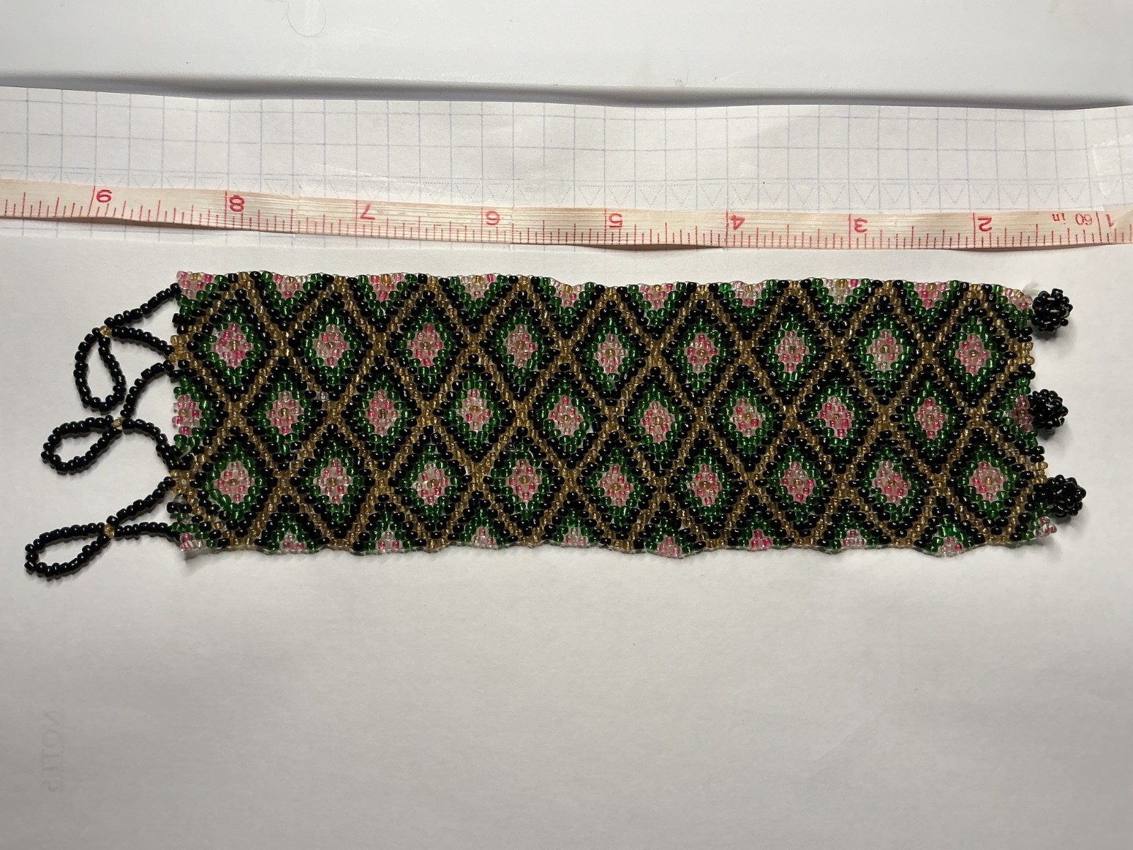 Vintage Seed Bead Cuff Bracelet, Pink/Green/Black Diamond Pattern, 30g