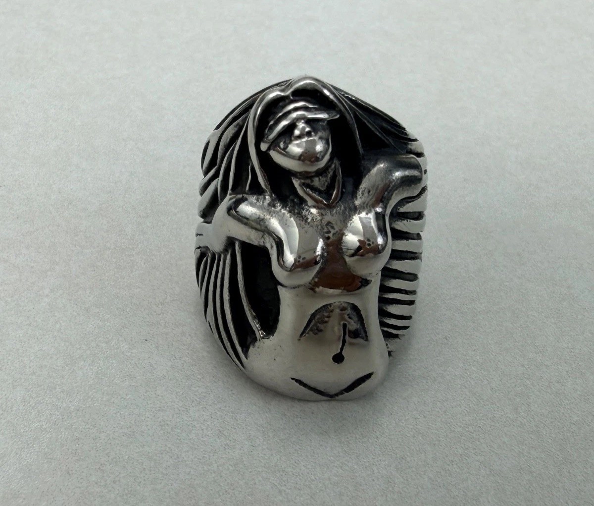 Stainless Steel Sculptural Nude Woman Art Ring Statement Biker Ring Unisex