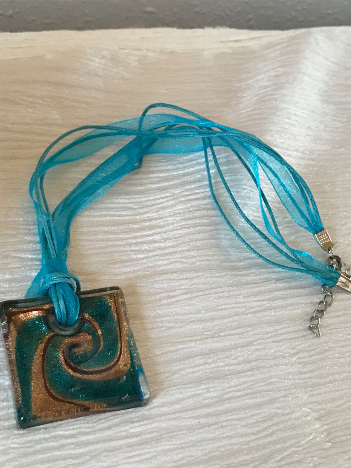 Estate Multistrand Aqua Silk Cord with Large Square Swirl Fused Art Glass Pendan