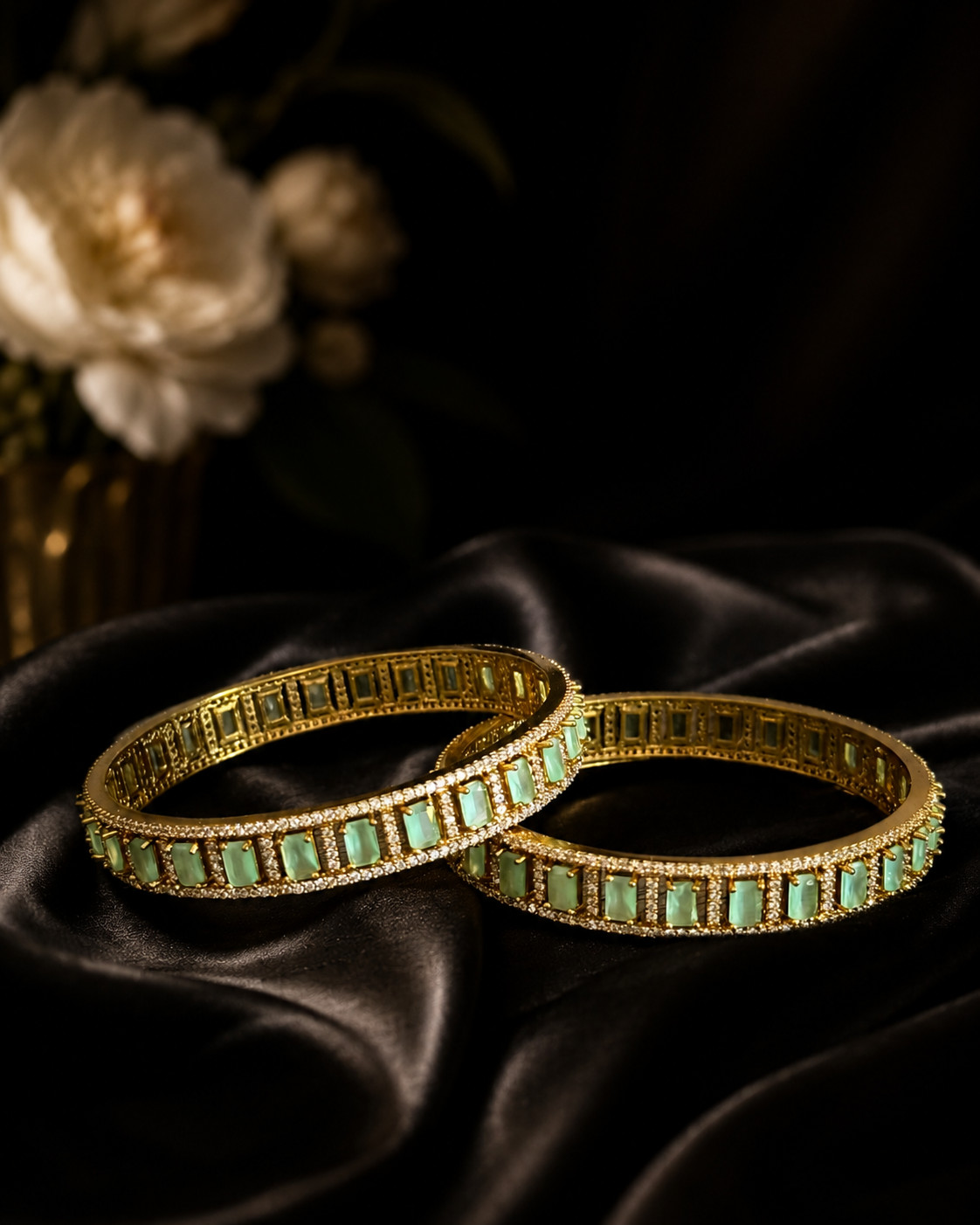 Mint Green CZ Gold Tone Bangle Bracelet Set of 2 Indian Pakistani Jewelry 2.10