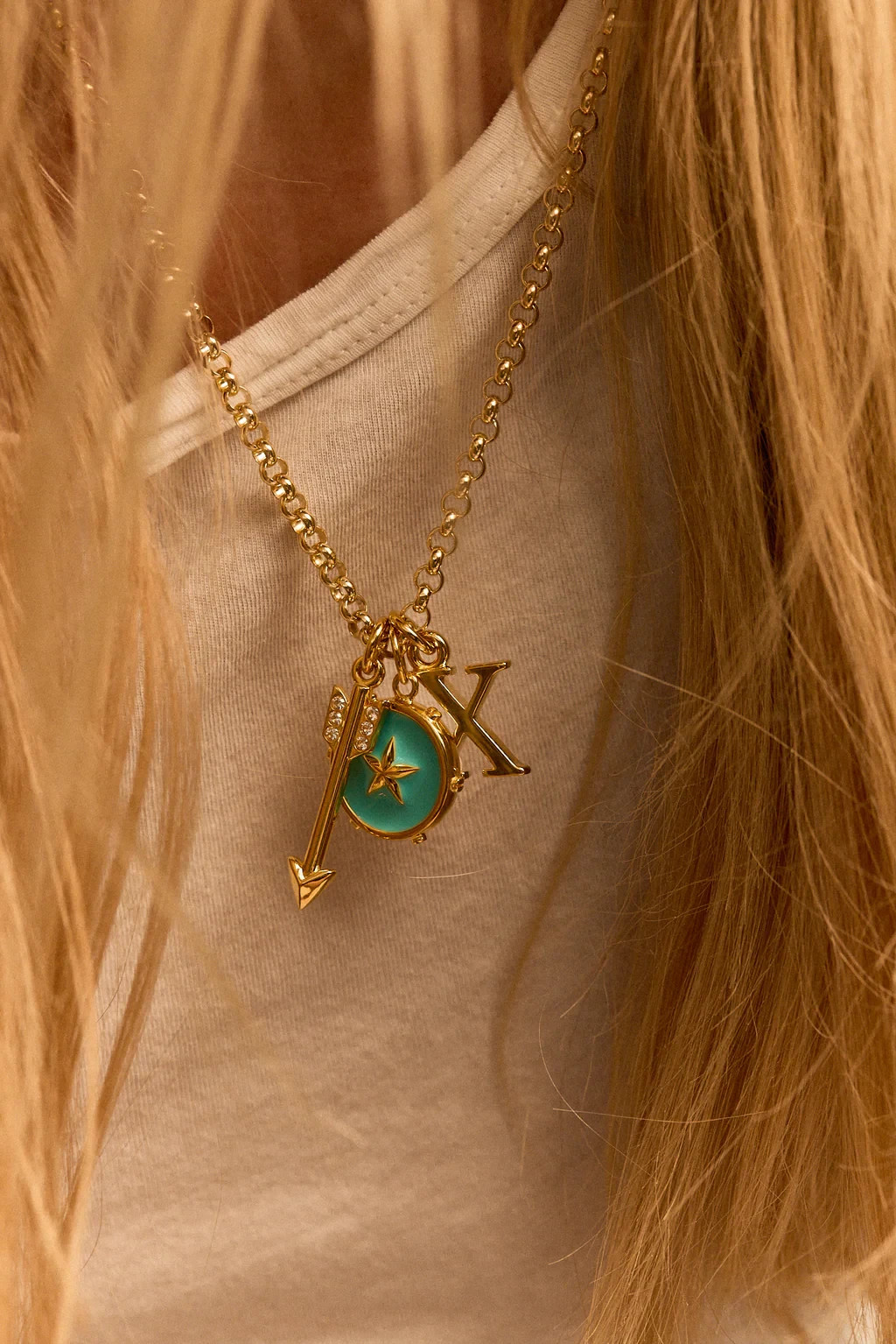 Rolo Chain Necklace Brass Metal arrow compass and X CZ pendant Necklace