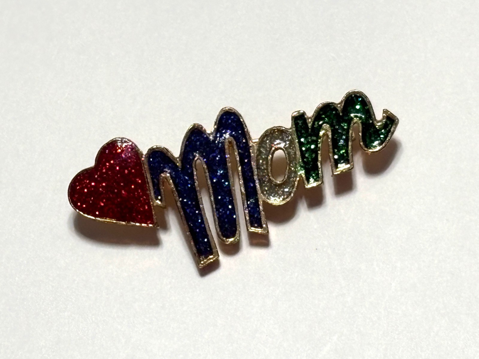Vintage Gold Tone Red Green Blue Rhinestone “Mom” Pin Brooch Mother’s Day