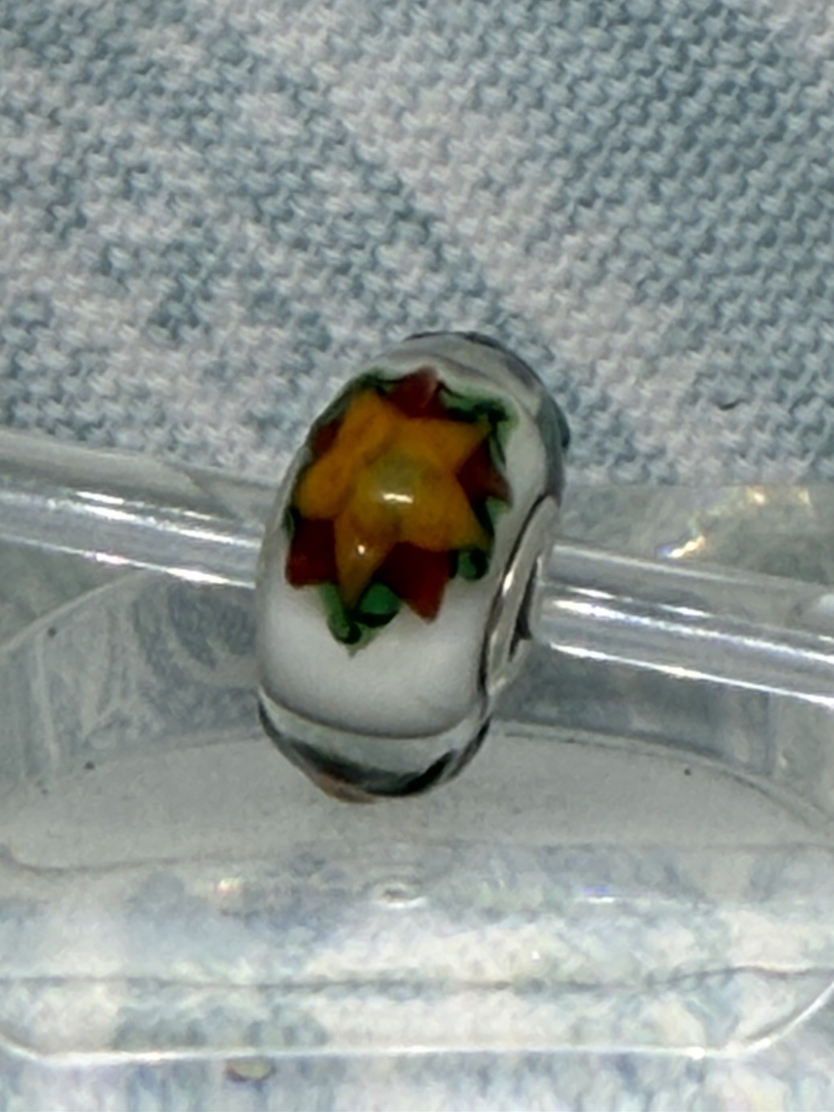 Authentic Trollbeads OOAK Yellow Star Flowers & Green on White CC, New (117)