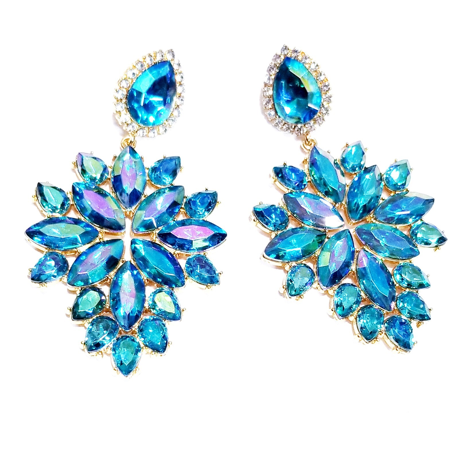 Aqua Crystal Bridesmaid Rhinestone Chandelier Drop Earrings 3.6 inch Jewelry