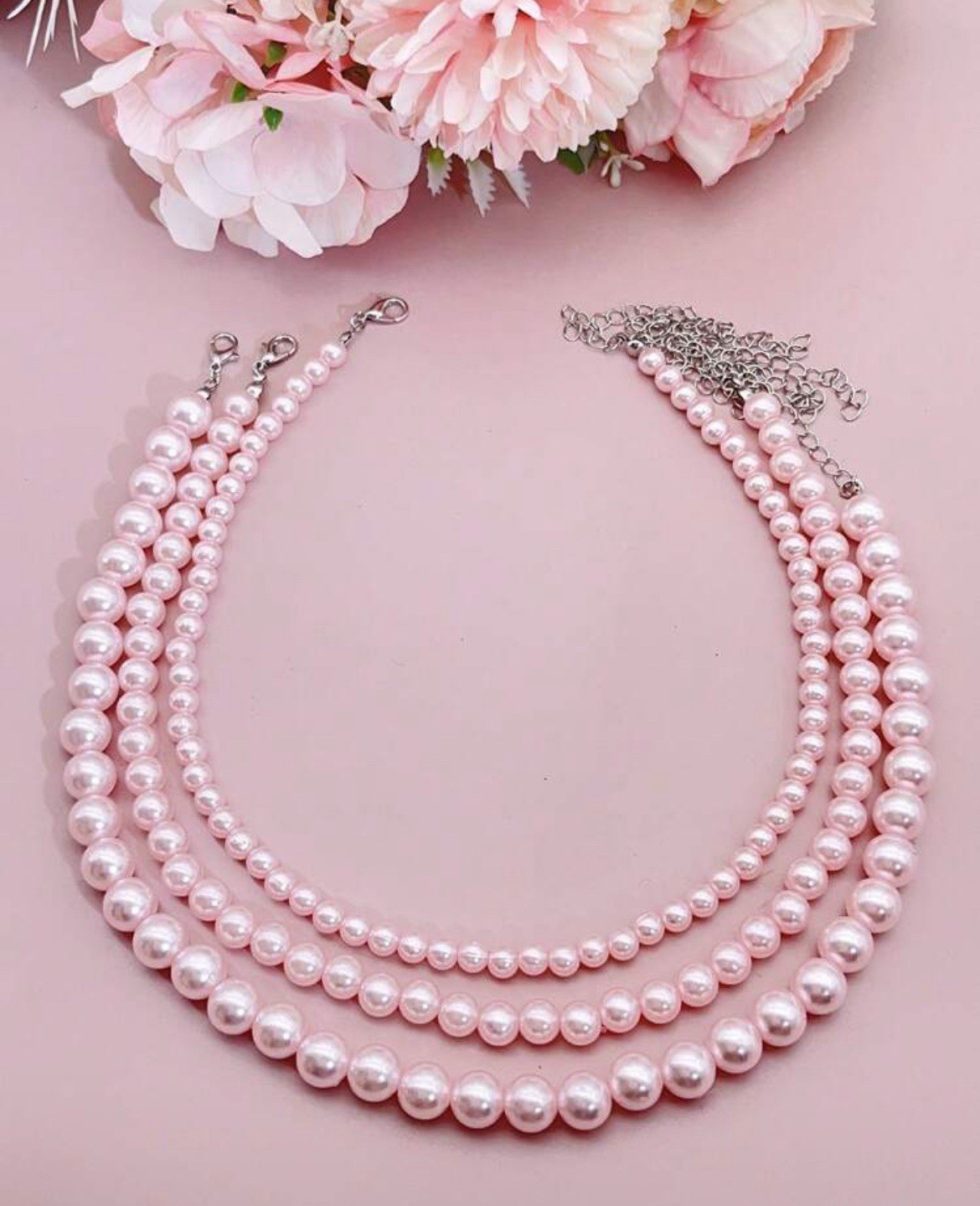 Pink Faux Pearl Necklace 3 Strand Choker Layered Beaded bead Necklace Set