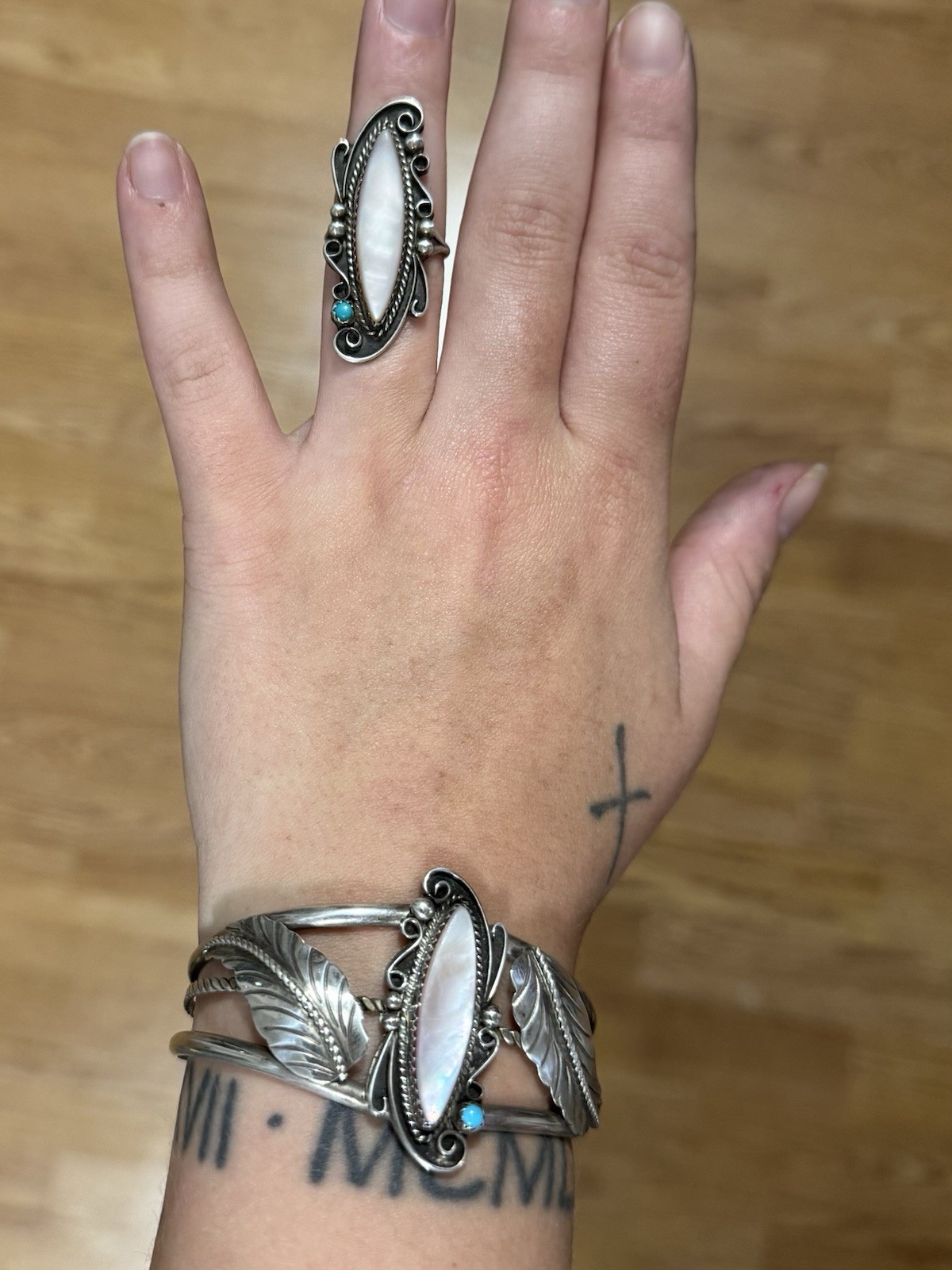 Vintage Native Sterling Silver Mother of Pearl & Turquoise Cuff and Ring Set