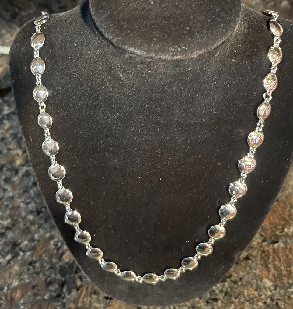 Silver Tone Round Flat Beaded Necklace 36 inches Lobster Claw Clasp