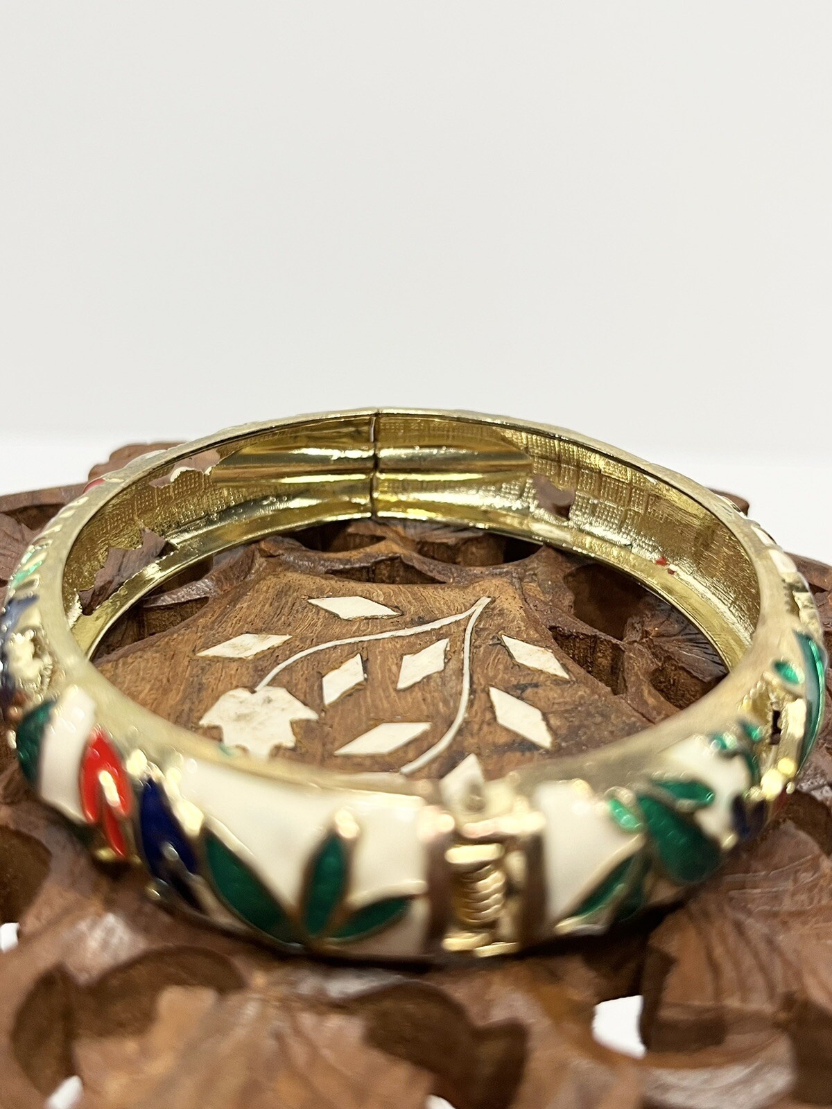 Holiday Bangle Enamel Bracelet Floral Christmas Red Green Blue White and Gold