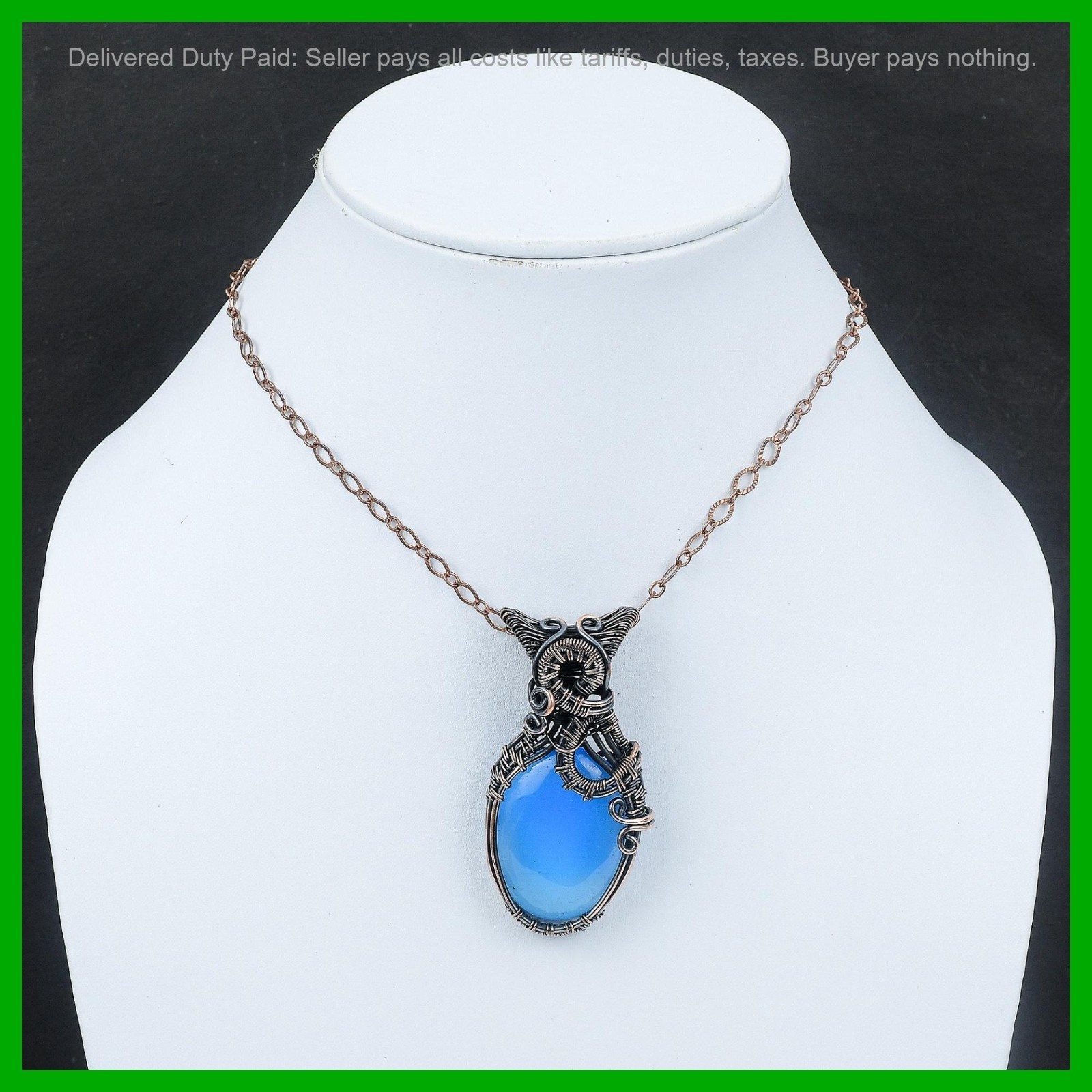 Halloween Sale Oval Blue Chalcedony Gemstone Copper Wire Wrapped Pendant Jewelry
