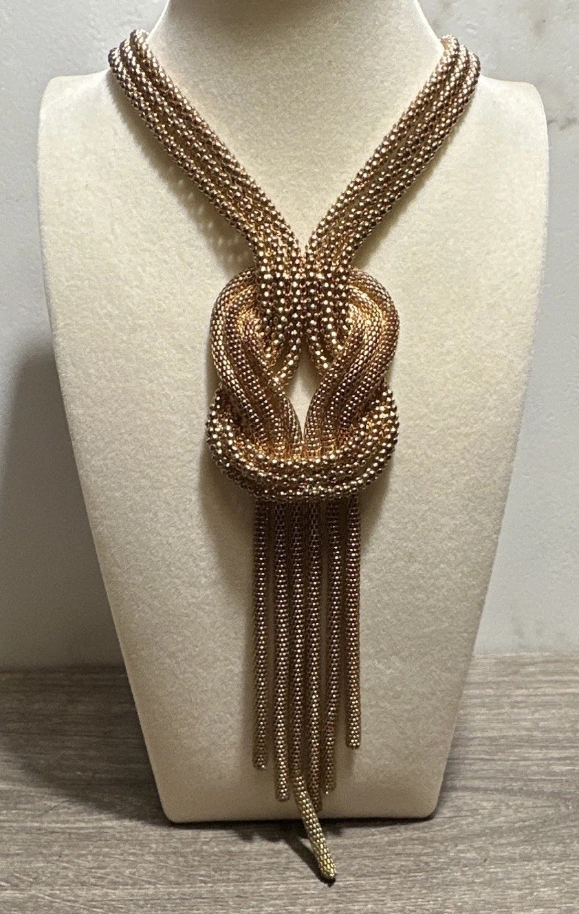 Gold Tone Snake Chain Knot Tassel Lariat Y-Drop Necklace Adjustable Lobster