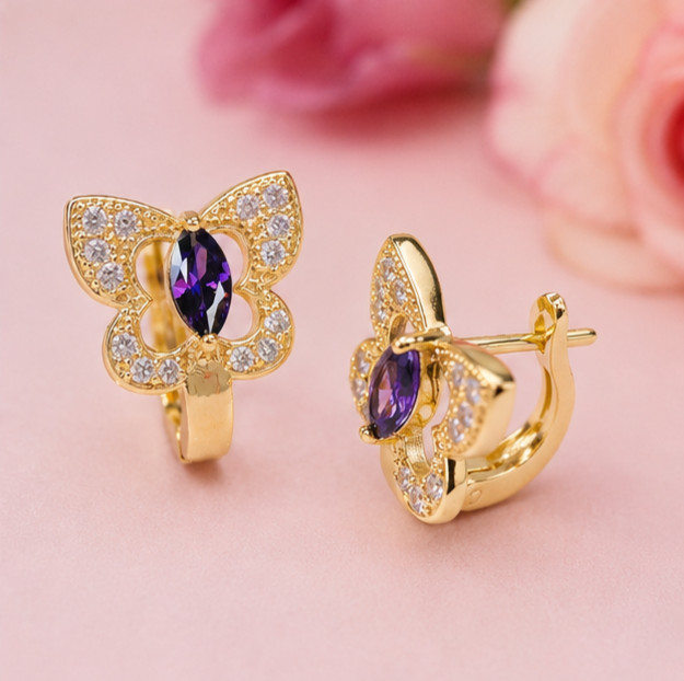 3Ct Marquise Simulated Amethyst Butterfly Hoop Earrings 14K Yellow Gold Plated