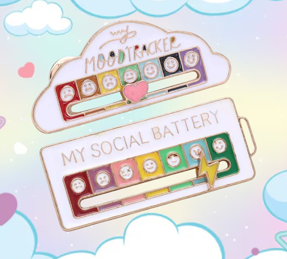 Sliding My Social Battery AND Mood Tracker Enamel Pins, White