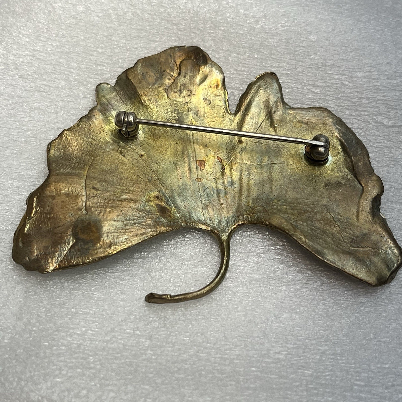 Botanical Metal Ginkgo Leaf Brooch Pin Artisan Textured Metallic Finish Unsigned