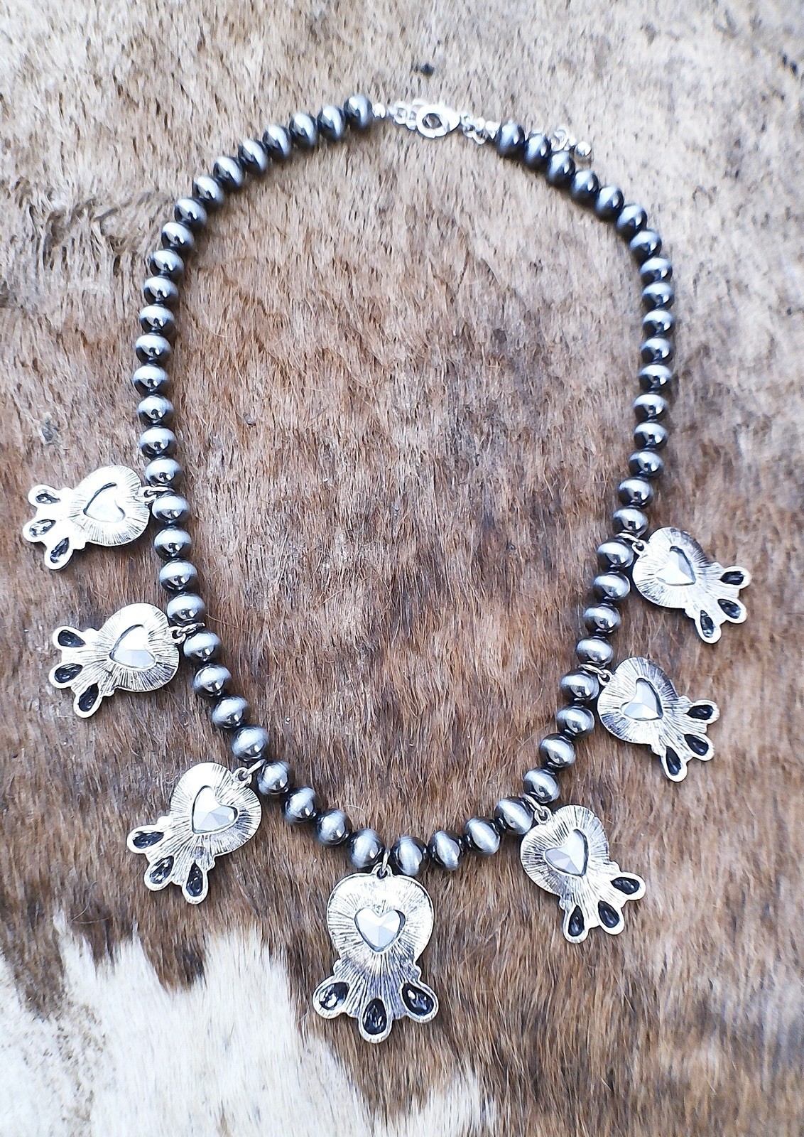 Western Clear Crystal Heart Necklace Navajo Pearl Style Cowgirl Statement Rodeo