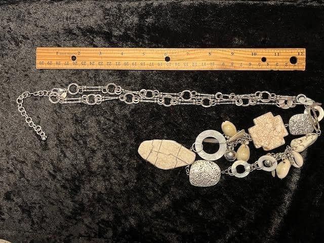Vintage Signed CHICO’S Stone, Metal, Shell Beads w/Metal Chain 36″ Asymmetrical