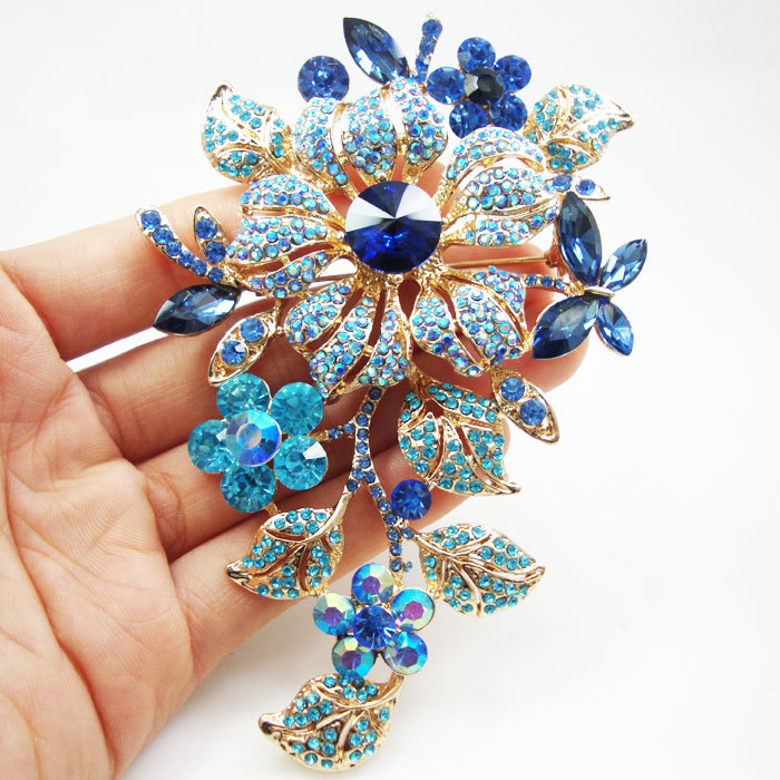 Vintage Style Blue Rose Flower Brooch Pin Rhinestone Crystal Woman Jewelry