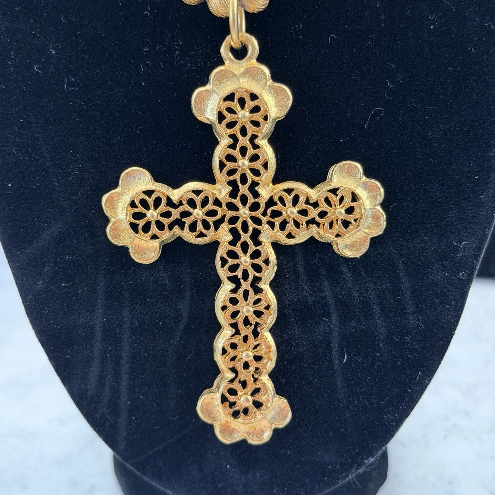 VINTAGE Gold Toned Cross Necklace, Textured Gold Beaded Chain. New with tags.