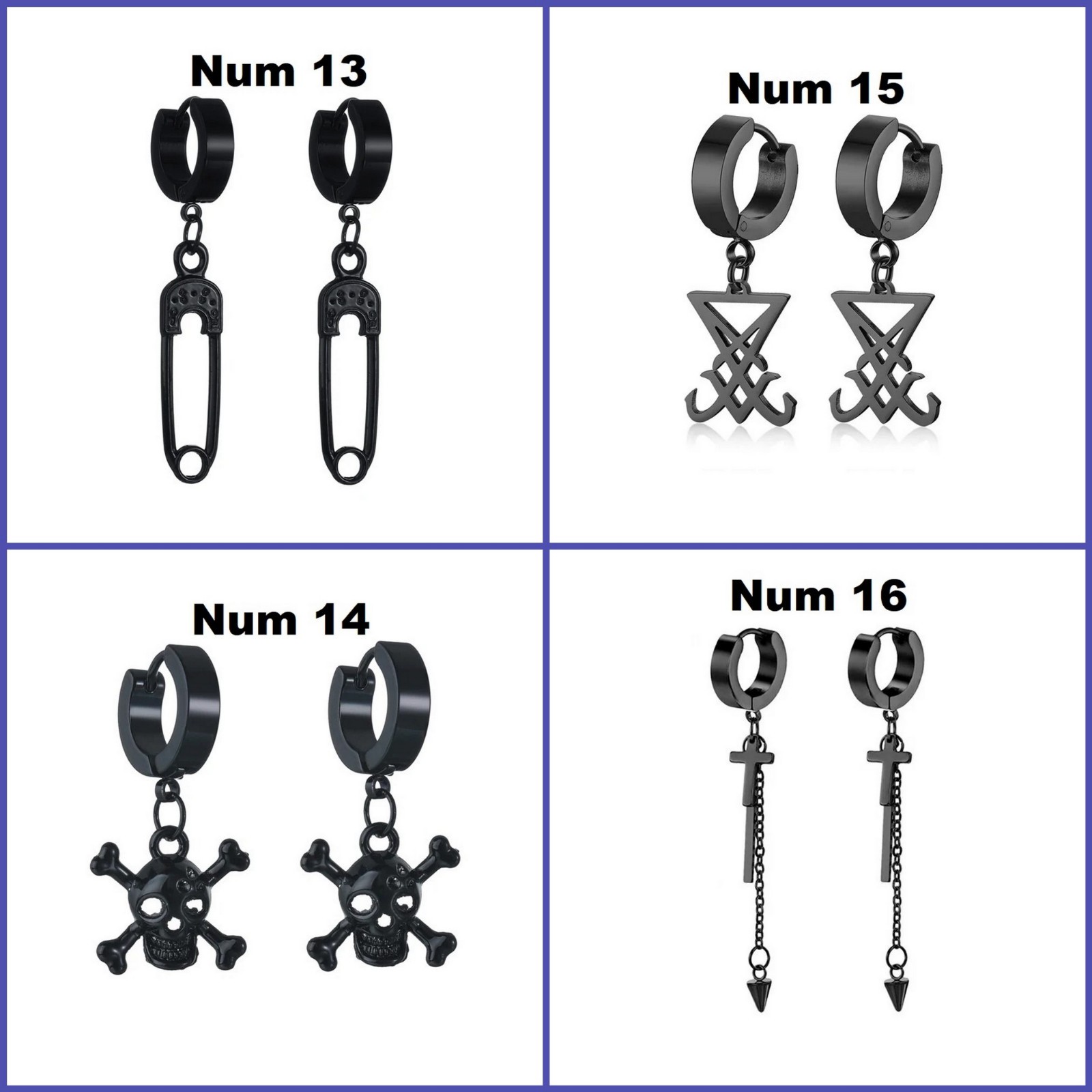 Thin hoop men earrings black, Dagger-skull-goth-punk-sword hoops cross, dangle
