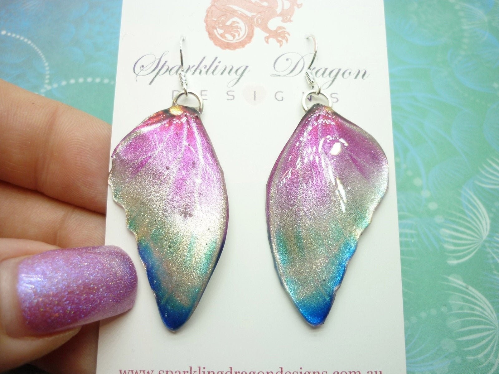 Butterfly Wing Earrings Misting Pink and Blue – Fairy Jewellery, Fun Gift for