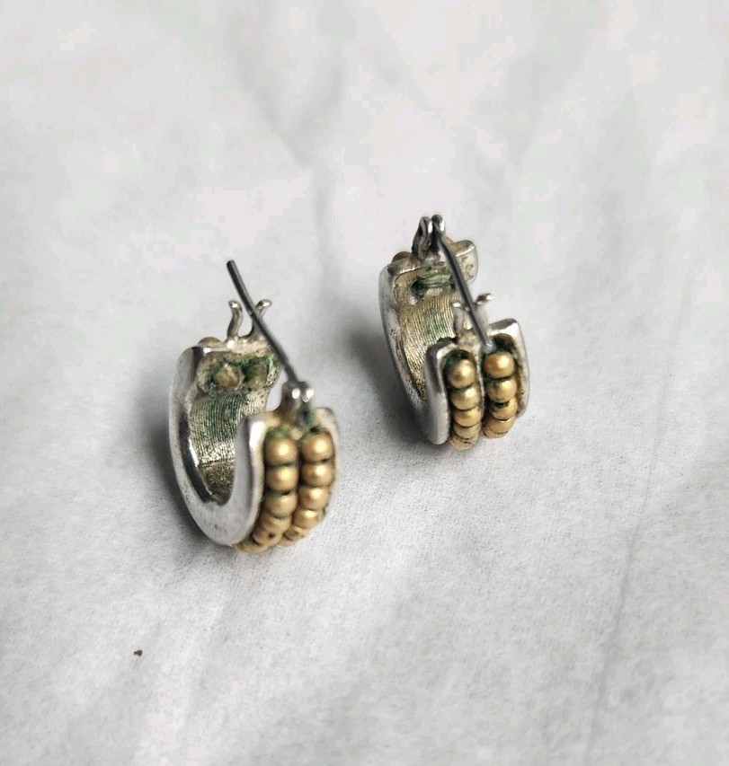 Signed Napier Two Tone Huggie Hoop Earrings Silver Gold Bead Accent Vintage