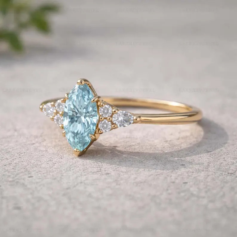 Aquamarine Ring, Gold Alloy, Anniversary Birthday Gift For Her, Women Ring