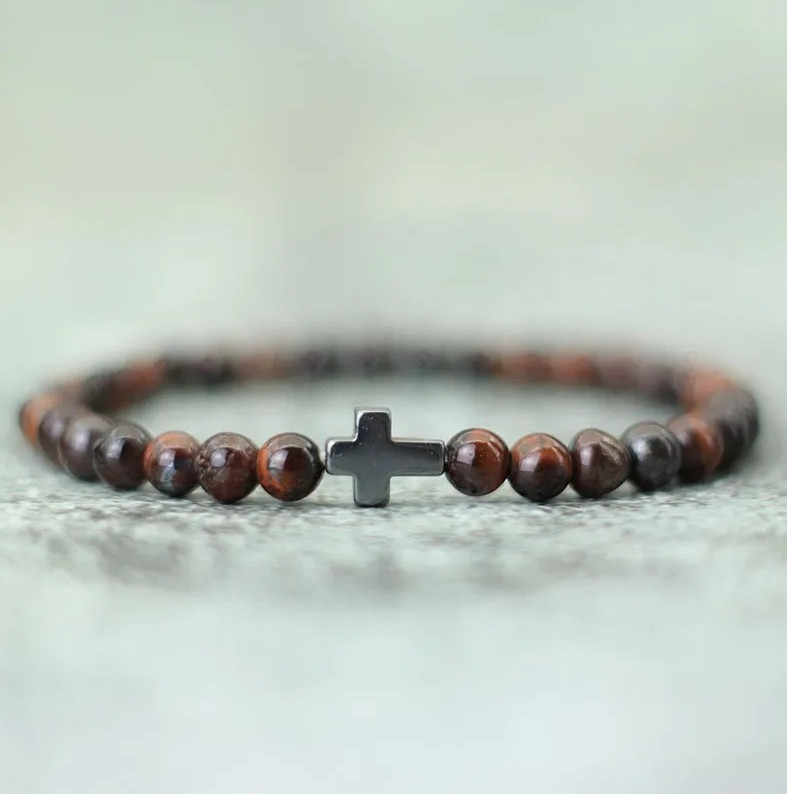 1 pc Minimalist Men’s Cross Bracelet – 6mm Tiger Eye Stone Beaded Wristband Gift