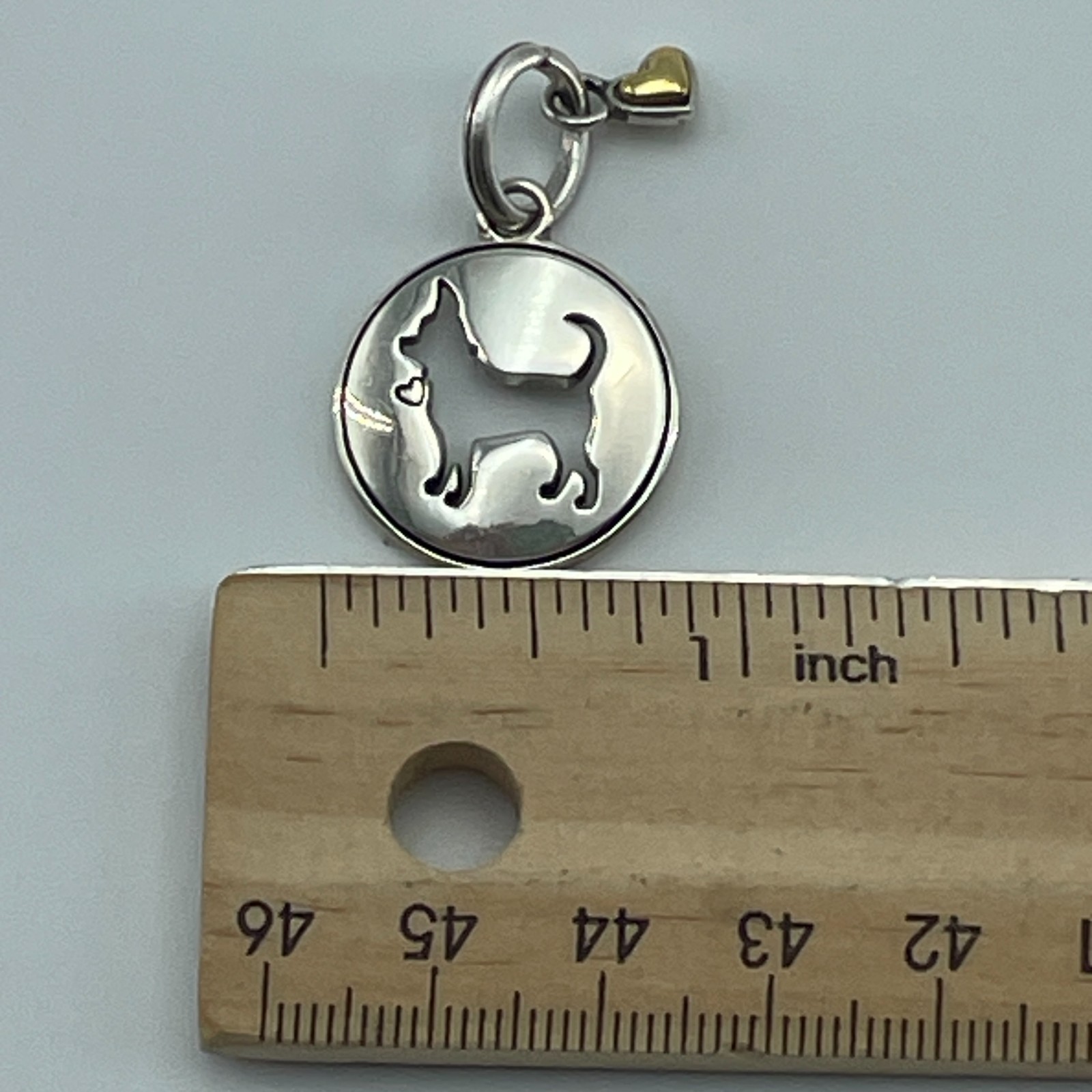 BRIGHTON Dog Charm Pendant Womens Silver Plated Woof Heart Rhinestone 1in NEW