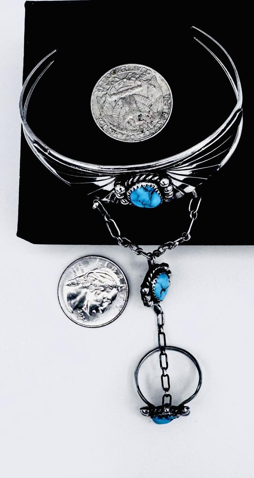 Navajo Native American sterling silver slave cuff;bracelet to hand chain to ring