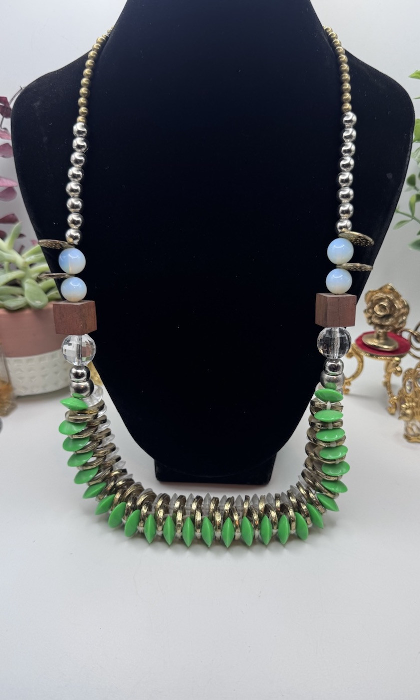 Pam Hiran Coil & Beads Necklace Green-Clear Glass & Gold Beads Whit Silver Chain
