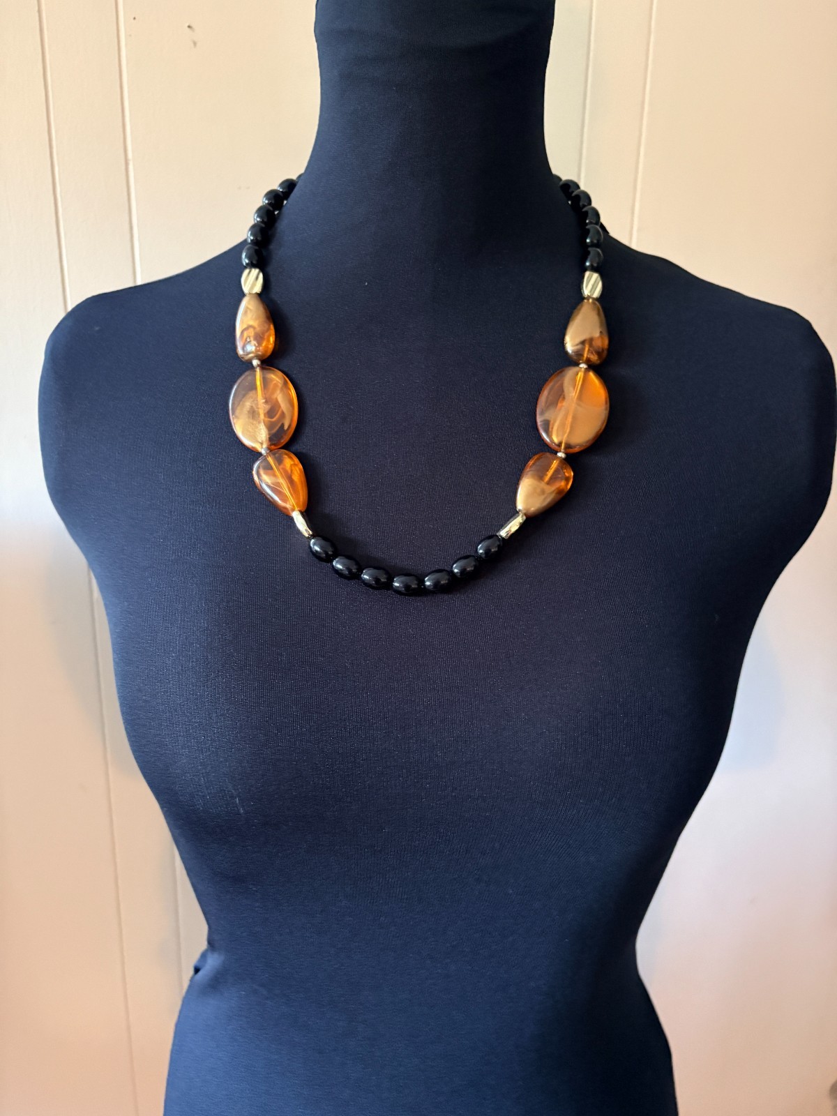 Chunky Lucite Beads Faux Amber and Black, Necklace 24″ Vintage 80s