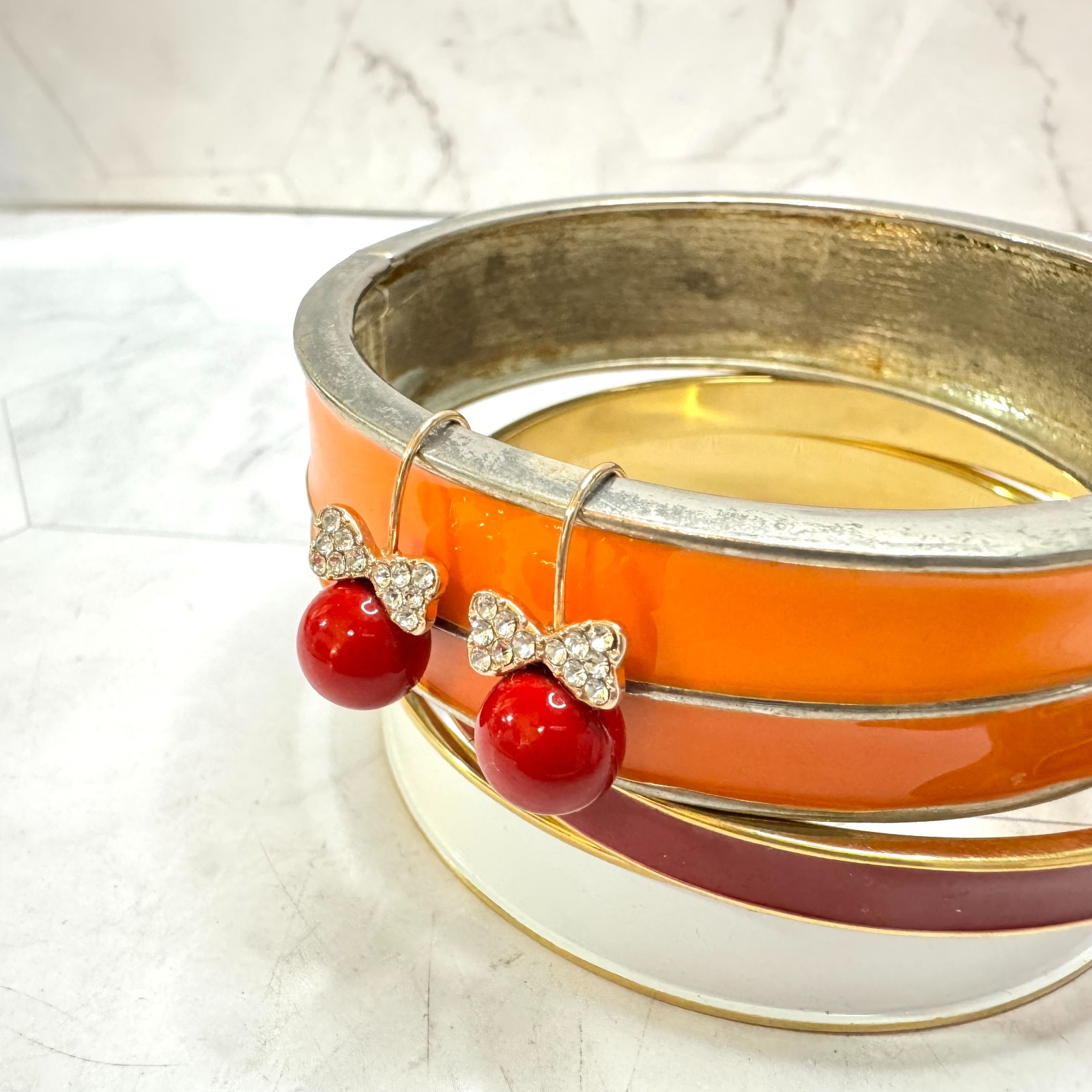 Bangle Lot Monet Gold Tone Red White Orange Enamel Earrings Signed & Unsigned