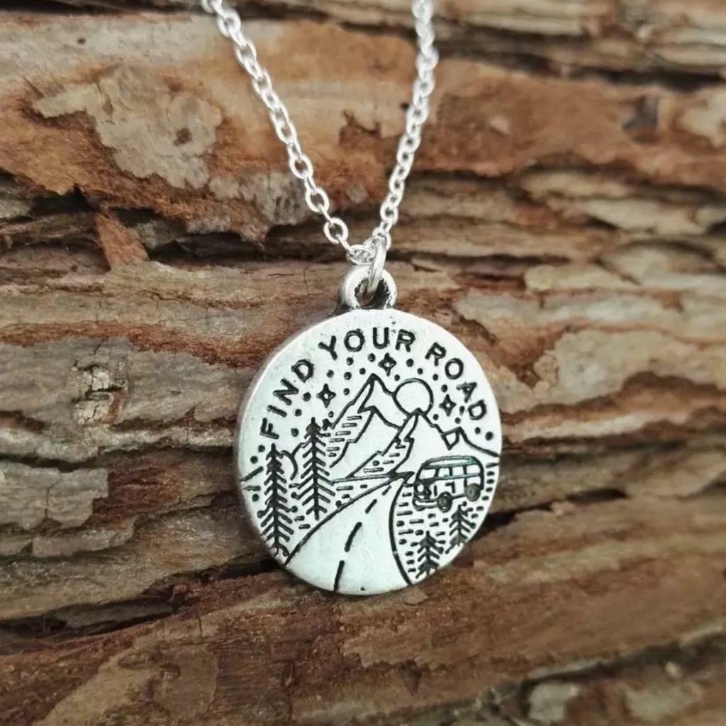 FIND YOUR ROAD NECKLACE 18″ Chain Small 0.75″ Pendant Outdoor Adventure Nature