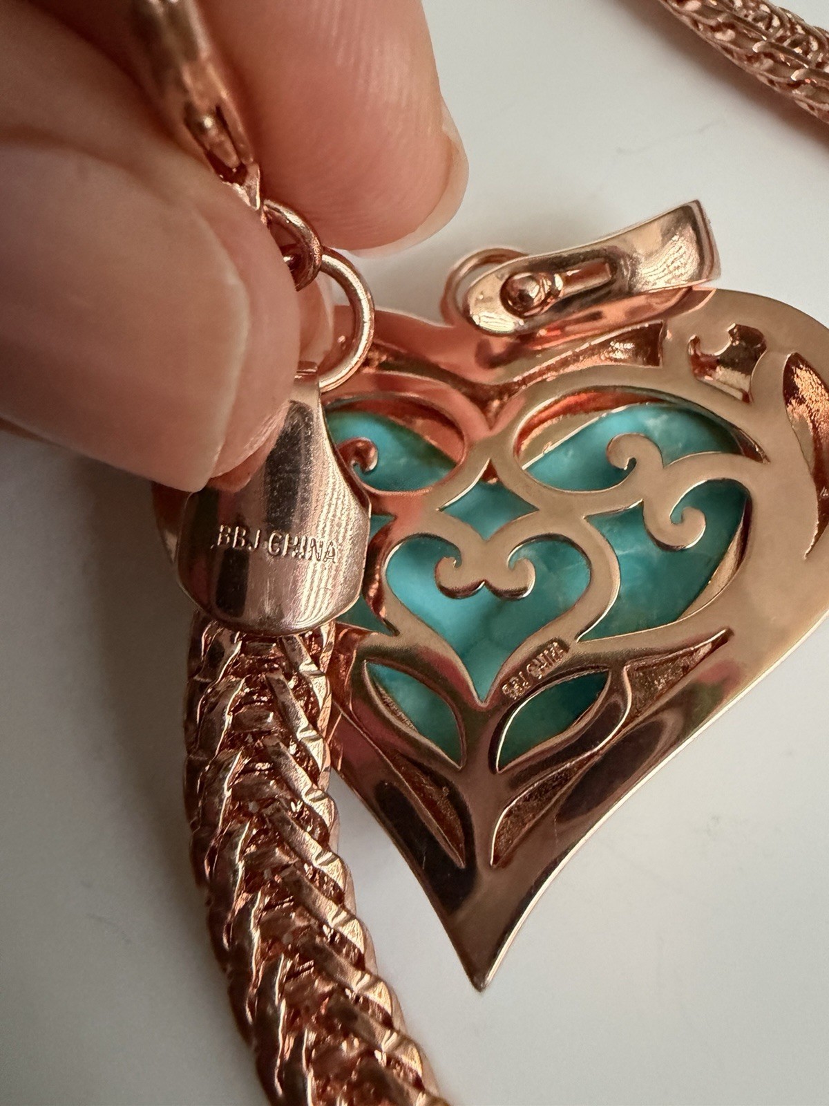 TIMNA COLLECTION Turquoise Heart Copper Enhancer with Copper Wheat Chain 18″