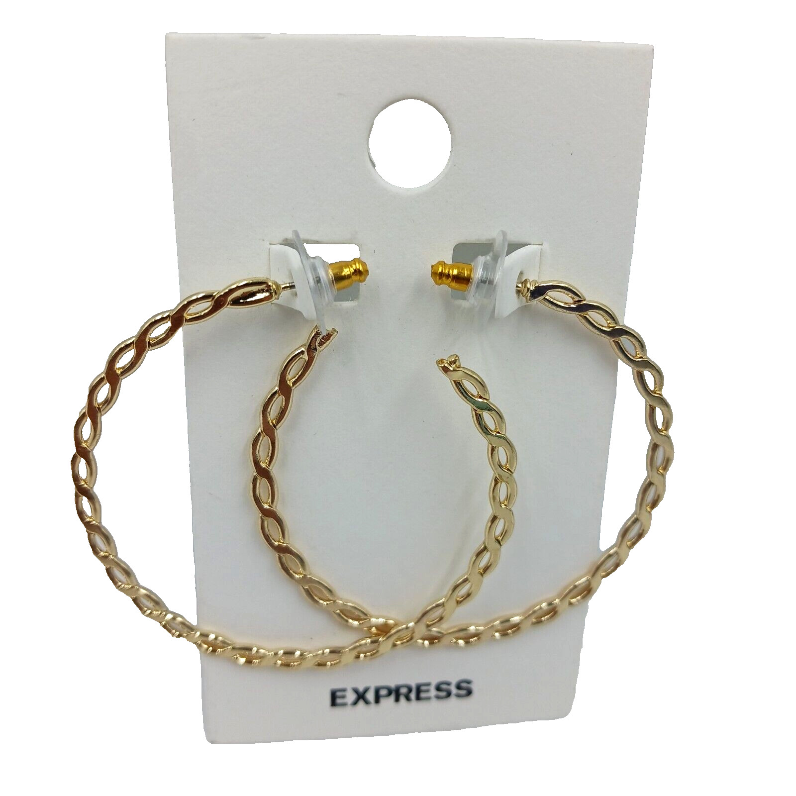 Express 2″ Interlocking Link Hoop Push Back Pierced Earrings Gold Tone Shiny New