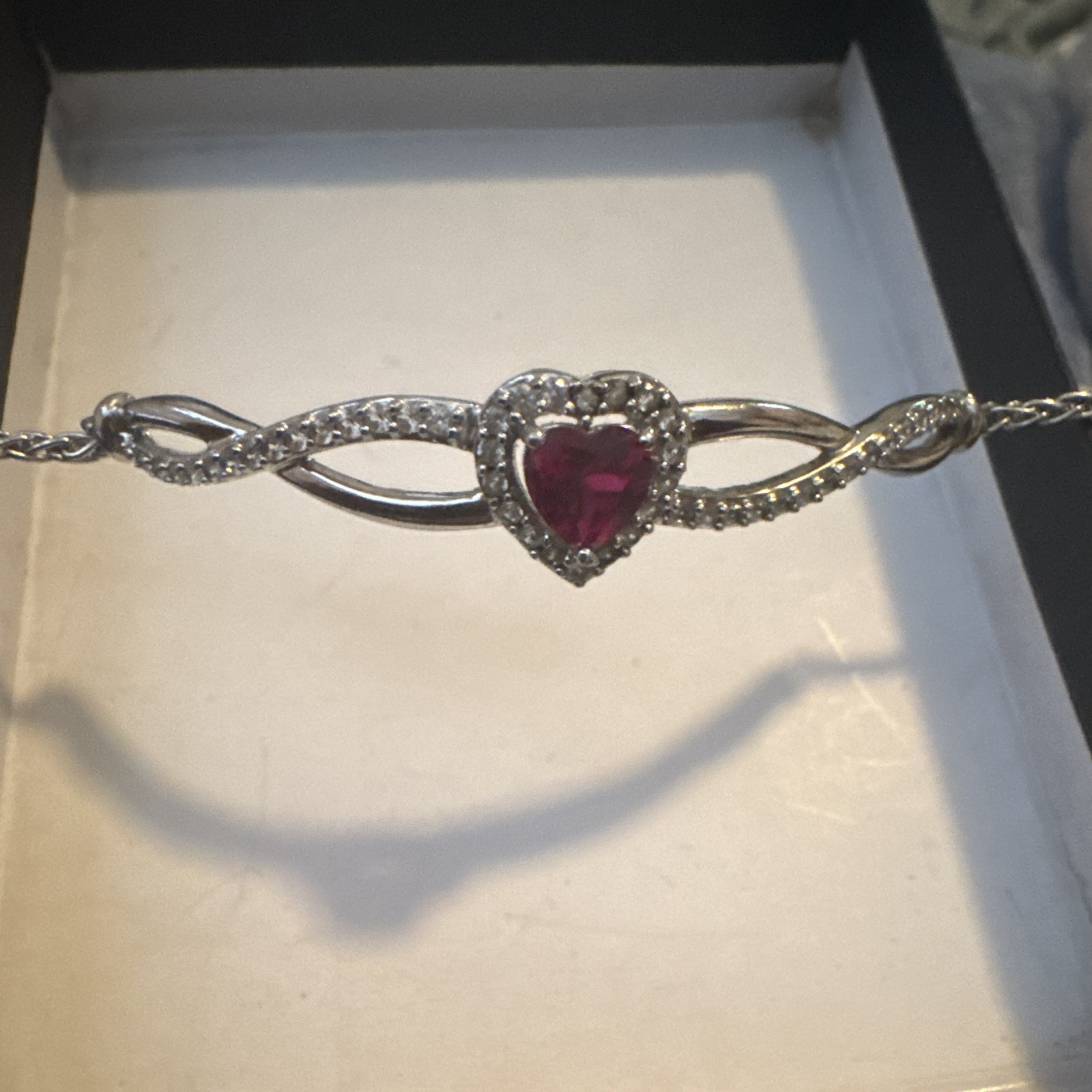 Kay Jewlers Silver-Tone Rope Chain Bracelet Slide Closure Red Heart Crystal