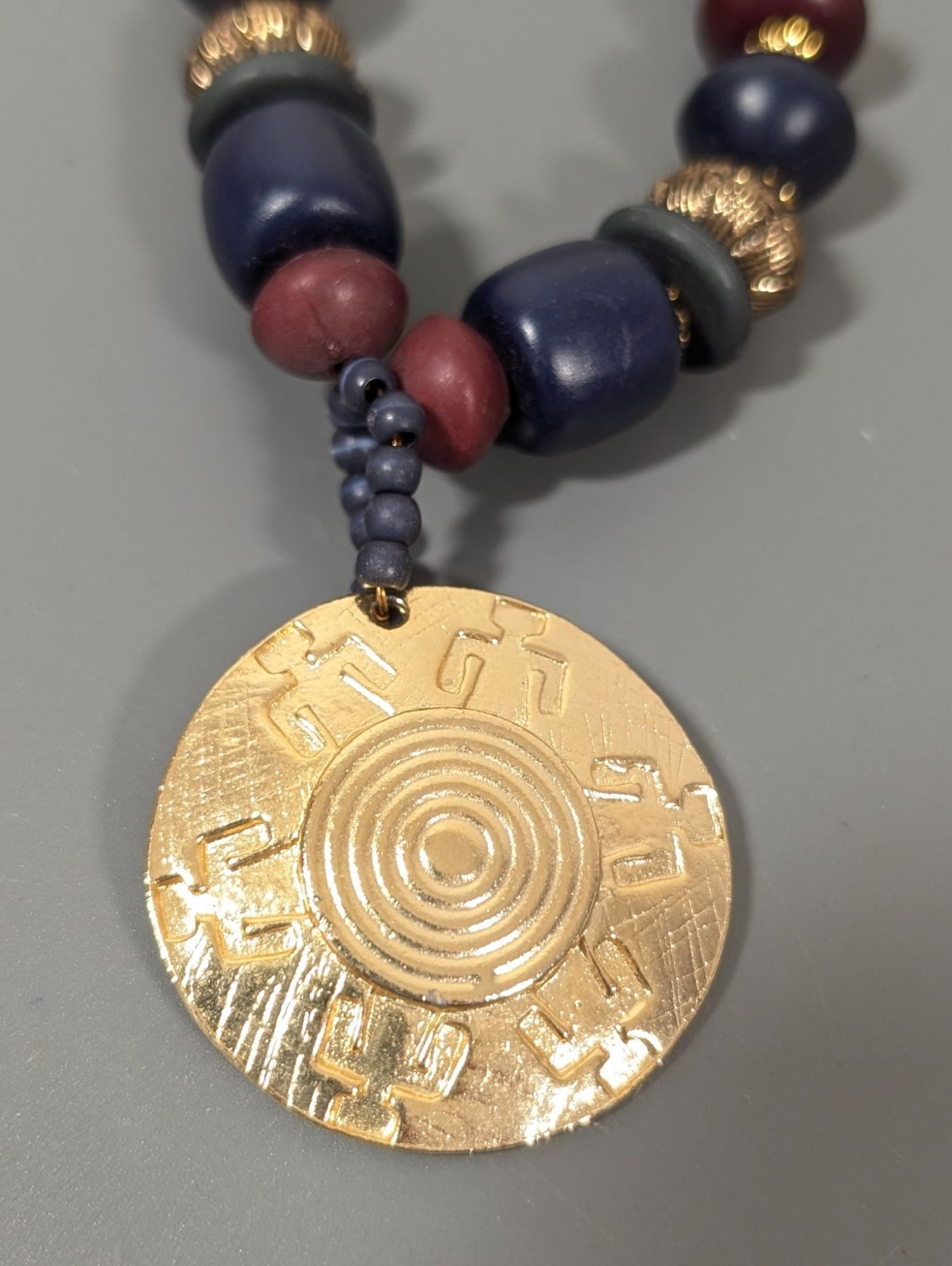 Retro Tribal Medallion Blue Red Green Multi Cord Gold Tone Necklace 18″
