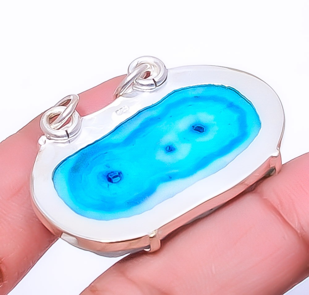 Marine Blue Solar Quartz Eye Gemstone 925 Sterling Silver Pendant 1.25″ A317