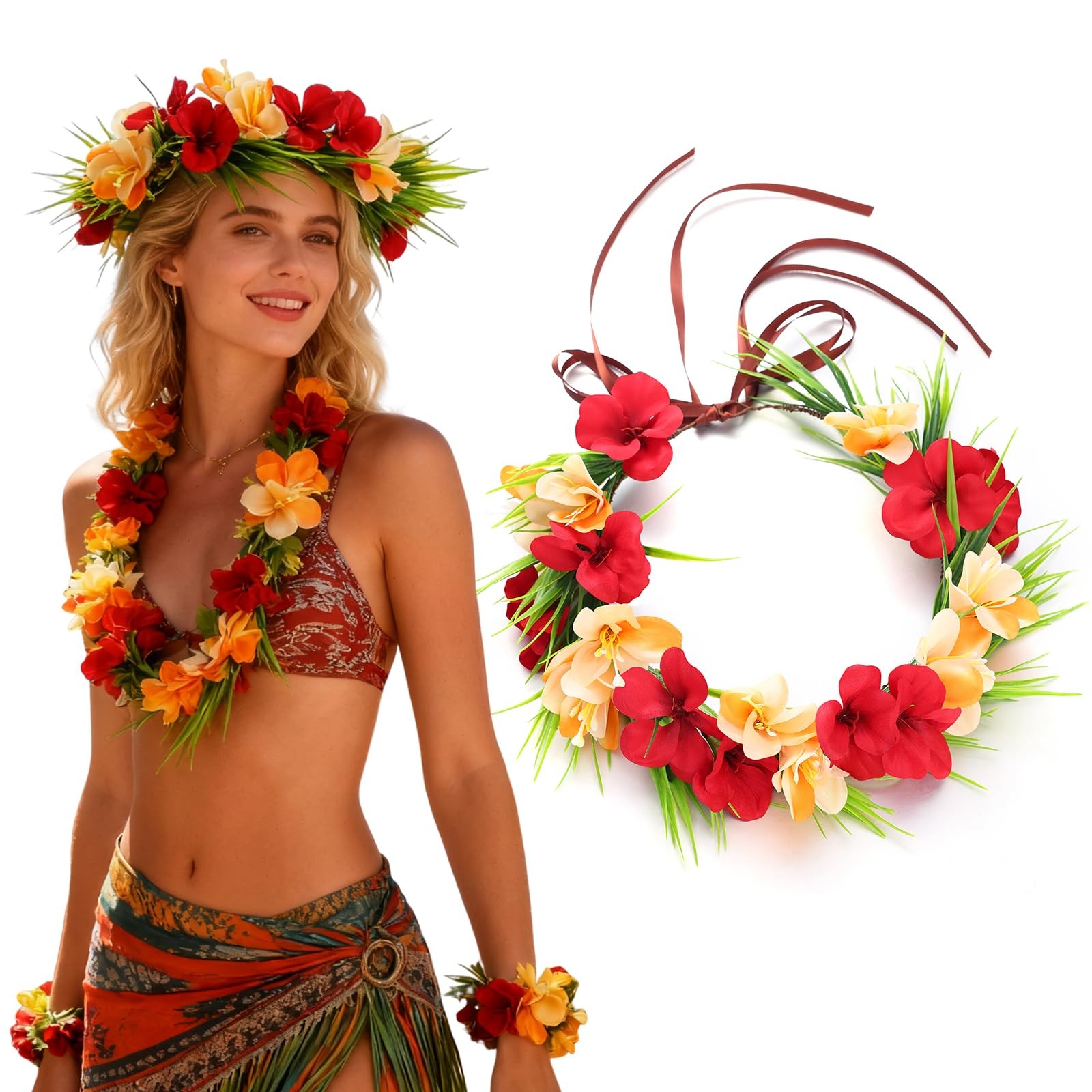 Hawaiian Leis Flower Crown Headband with Ribbon – General, Red+orange