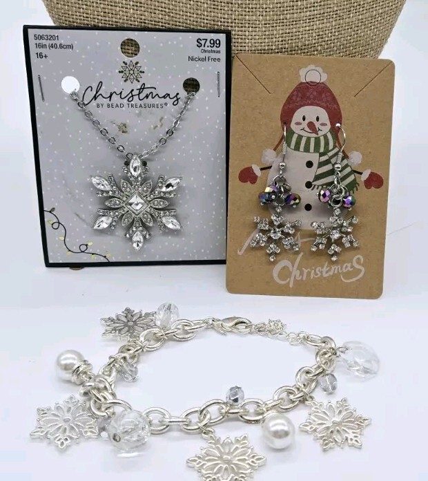 Snowflake Christmas Necklace Bracelet Earring Lot Silver tone Set of 4