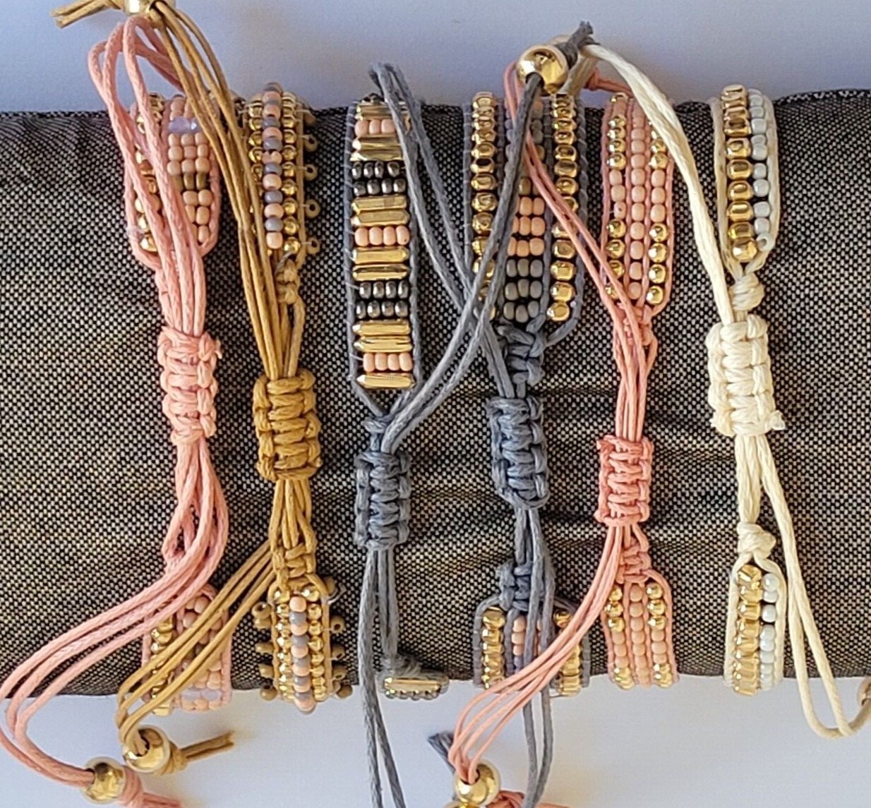 Seed Bead Adjustable Bracelet – Mix & Match Beaded Pull Bracelet Salmon & Gray