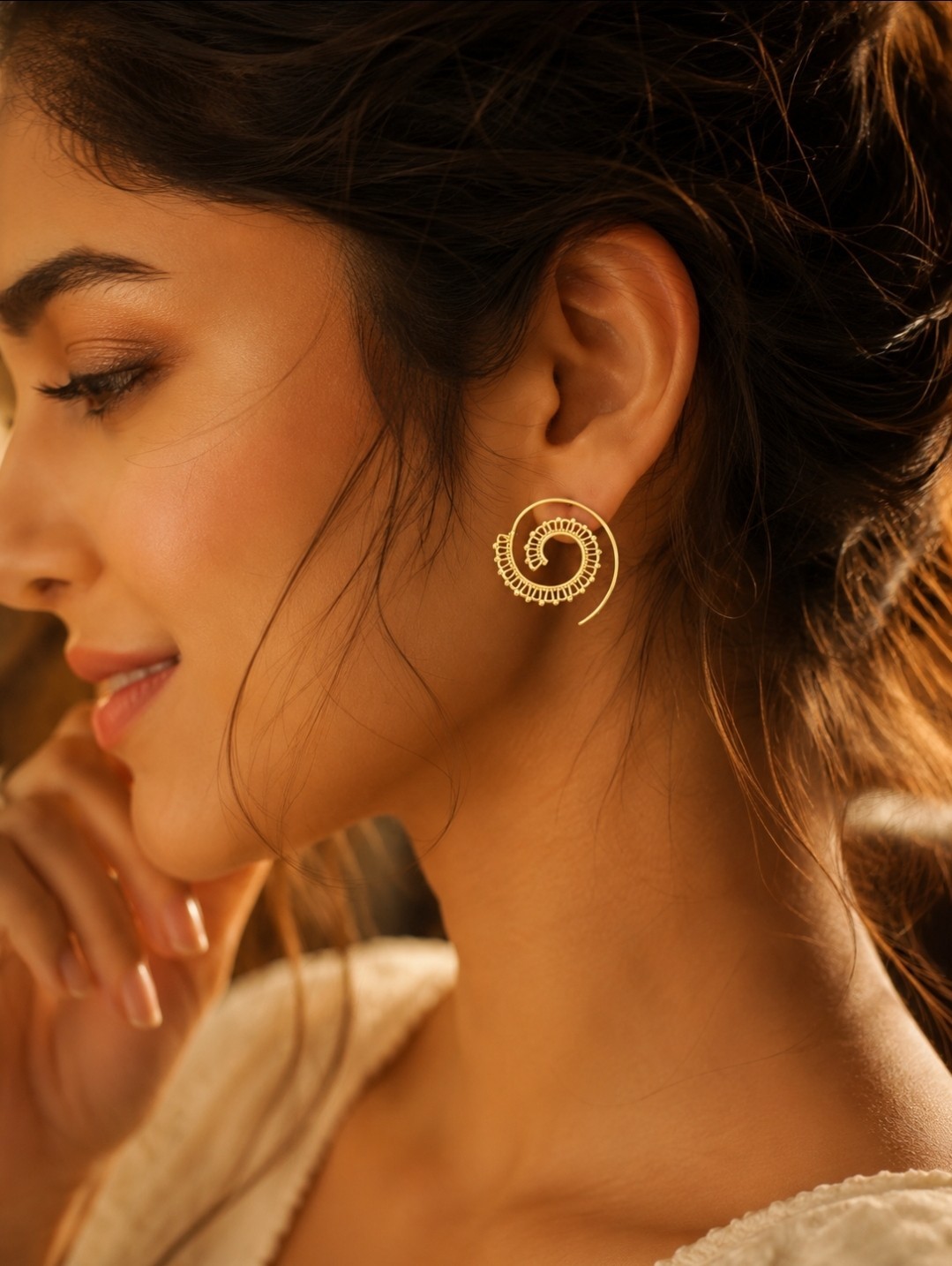 Gold Tone Spiral Hoop Earrings, Metal Hook Closure, No Stone